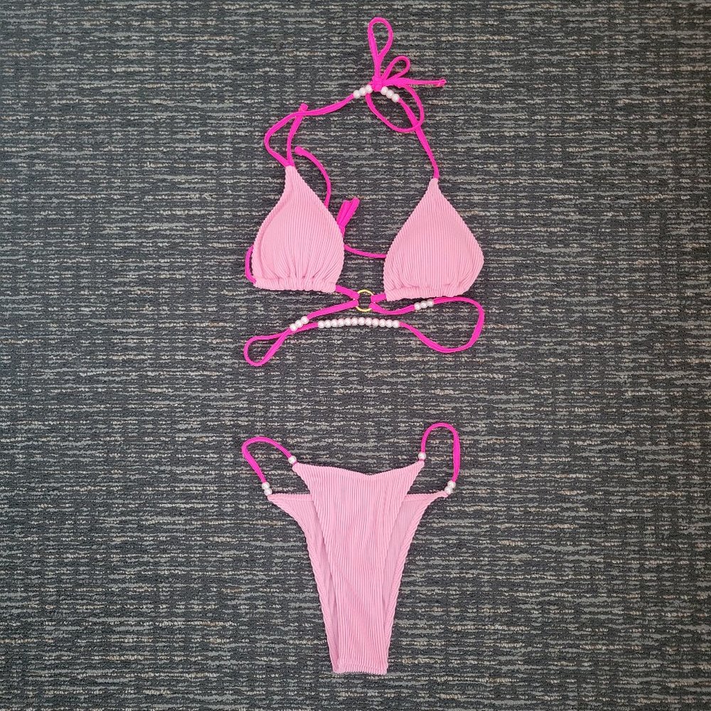 Shein Pink Corduroy Pearl Bikini